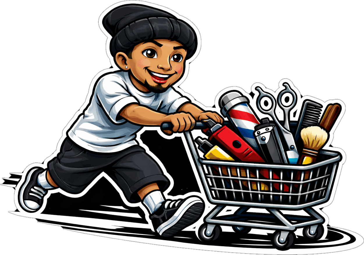 Logo de Tri-Cities Mobile Barber Supply: un niño con gorro negro empujando un carrito lleno de herramientas de barbería